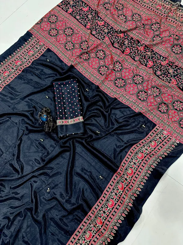 Pure_Ajrakh_Satin_Crepe_Silk_Saree_With_Designer_Ghungroo_Work_Heavy_Lace_Pallu_Black
