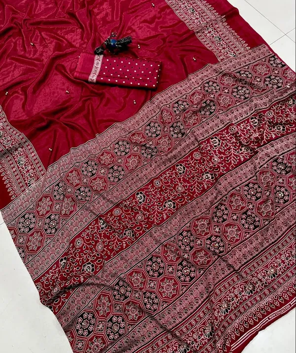 Pure_Ajrakh_Satin_Crepe_Silk_Saree_With_Designer_Ghungroo_Work_Heavy_Lace_Pallu_Crimson_Red