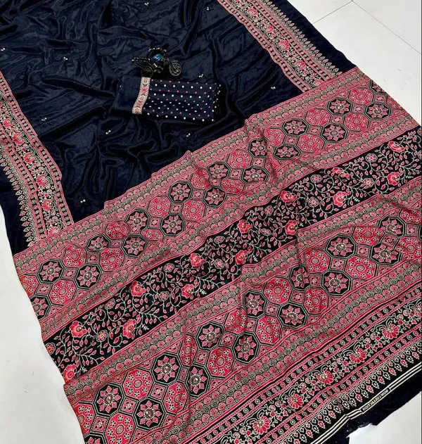 Pure_Ajrakh_Satin_Crepe_Silk_Saree_With_Designer_Ghungroo_Work_Heavy_Lace_Pallu_Crimson_Red