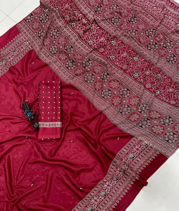 Pure_Ajrakh_Satin_Crepe_Silk_Saree_With_Designer_Ghungroo_Work_Heavy_Lace_Pallu_Crimson_Red