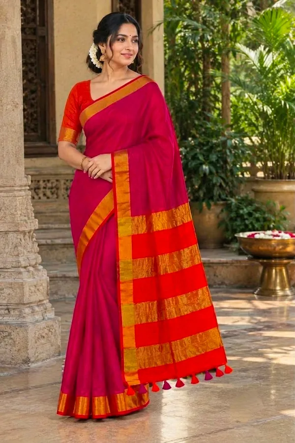 Sm_Festive_Modal_Cotton_Saree_With_Contrast_Blouse_And_Tassel_Work_Default_Title