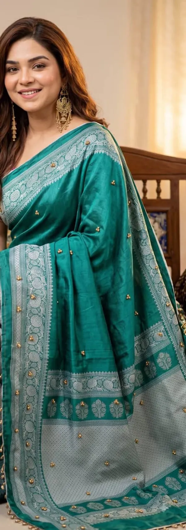 Sm_Designer_Printed_Soft_Chinon_Saree_With_Ghungroo_Latkan_Lace_Border_Teal_Green