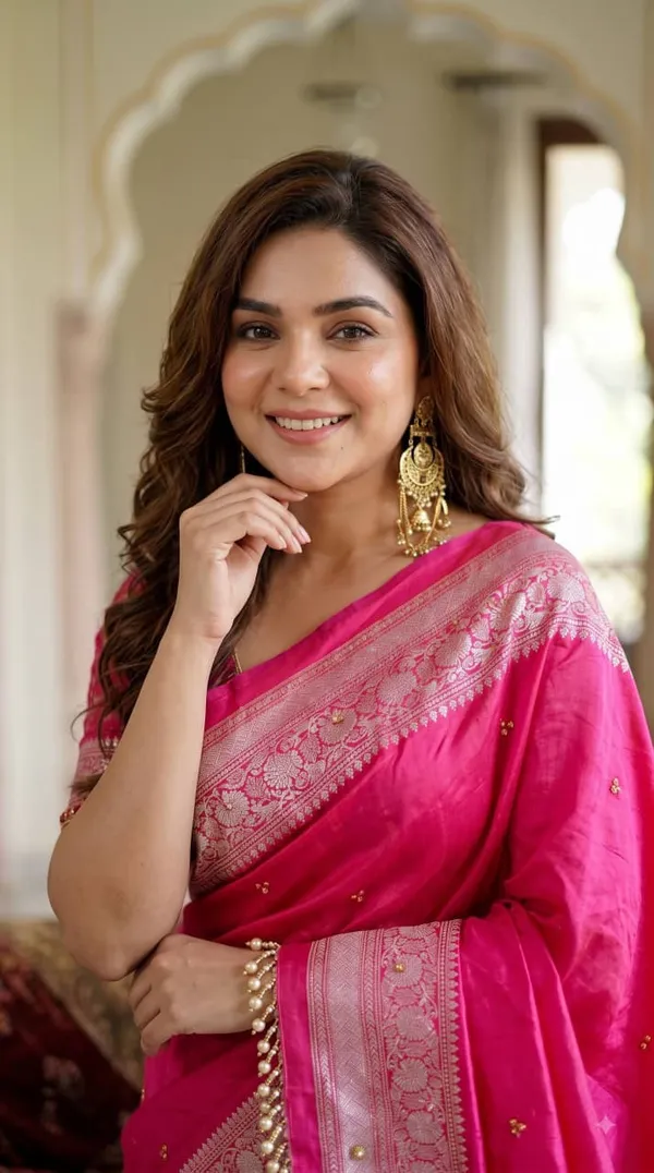 Sm_Designer_Printed_Soft_Chinon_Saree_With_Ghungroo_Latkan_Lace_Border_Rani_Pink