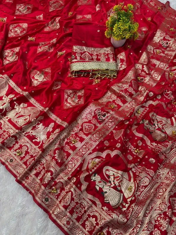 Sm_Organic_Banarasi_Satin_Silk_Saree_With_Rich_Gold_Zari_Weaving_Pallu_Handcrafted_Ghunghroo_Work_Red