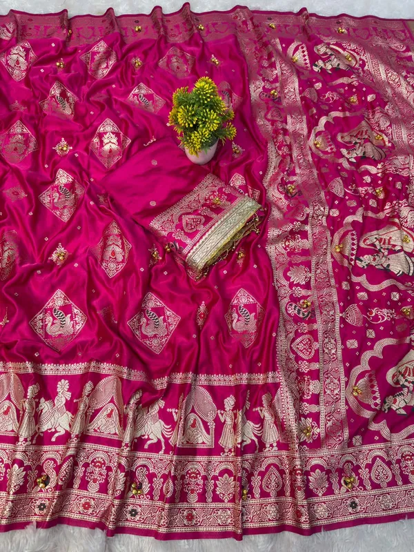 Sm_Organic_Banarasi_Satin_Silk_Saree_With_Rich_Gold_Zari_Weaving_Pallu_Handcrafted_Ghunghroo_Work_Rani_Pink
