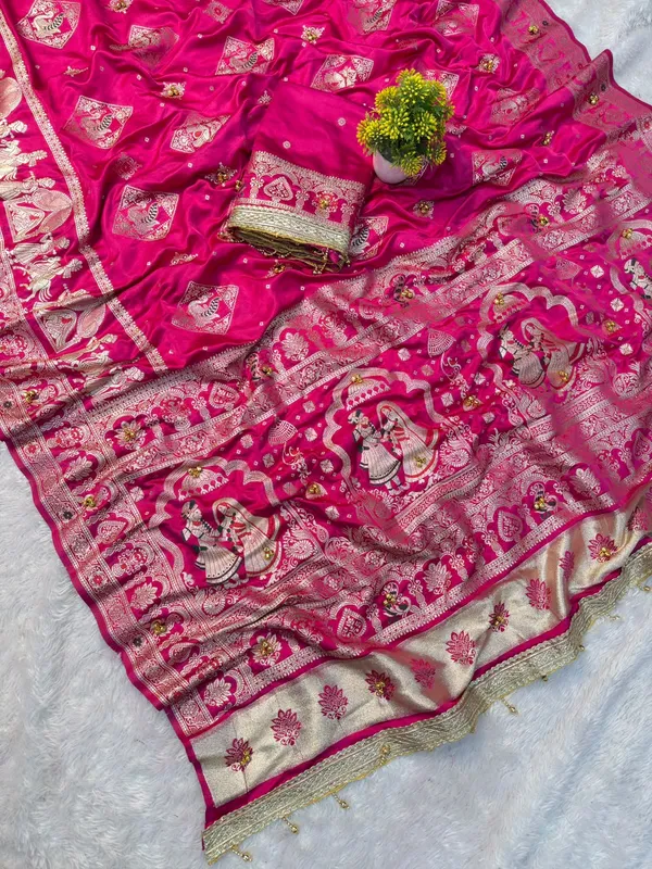 Sm_Organic_Banarasi_Satin_Silk_Saree_With_Rich_Gold_Zari_Weaving_Pallu_Handcrafted_Ghunghroo_Work_Rani_Pink