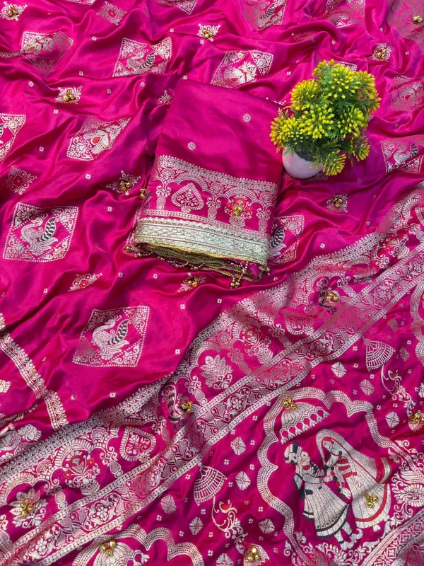 Sm_Organic_Banarasi_Satin_Silk_Saree_With_Rich_Gold_Zari_Weaving_Pallu_Handcrafted_Ghunghroo_Work_Rani_Pink