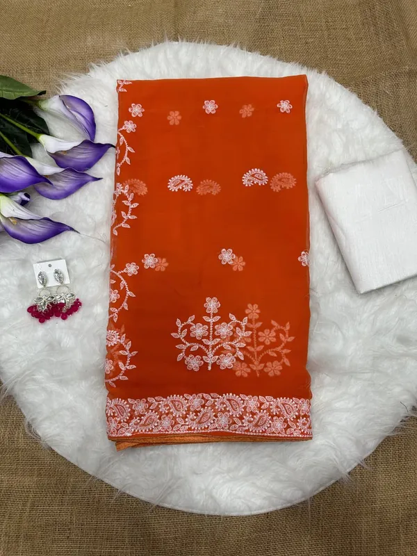 Sm_Soft_Georgette_Embroidered_Chikankari_Saree_Rust_Orange