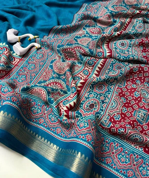Sm_Bandhej_3d_Digital_Print_Marshmallow_Silk_Saree_Peacock_Blue