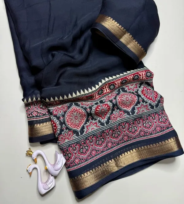 Sm_Bandhej_3d_Digital_Print_Marshmallow_Silk_Saree_Black