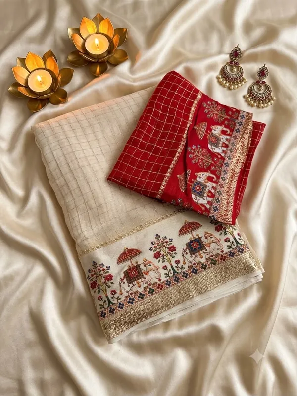 Sm_New_Arrival_Viscose_Georgette_Checkered_Saree_Cream_Ivory