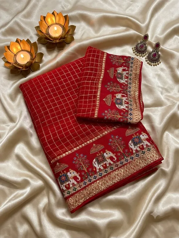 Scarlet_Red_Viscose_Georgette_Checkered_Saree_For_Women