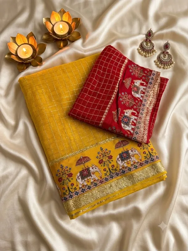 Sm_New_Arrival_Viscose_Georgette_Checkered_Saree_Haldi_Yellow