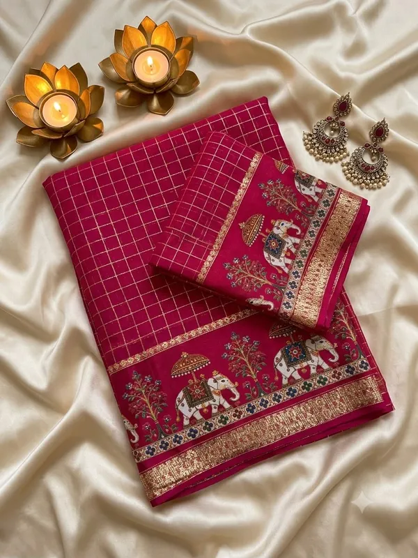 Sm_New_Arrival_Viscose_Georgette_Checkered_Saree_Rani_Pink