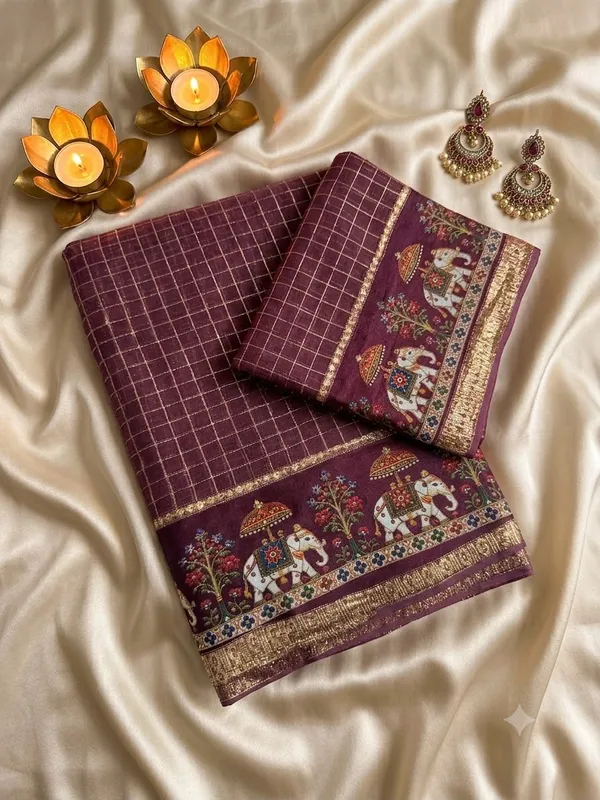 Sm_New_Arrival_Viscose_Georgette_Checkered_Saree_Wine_Purple