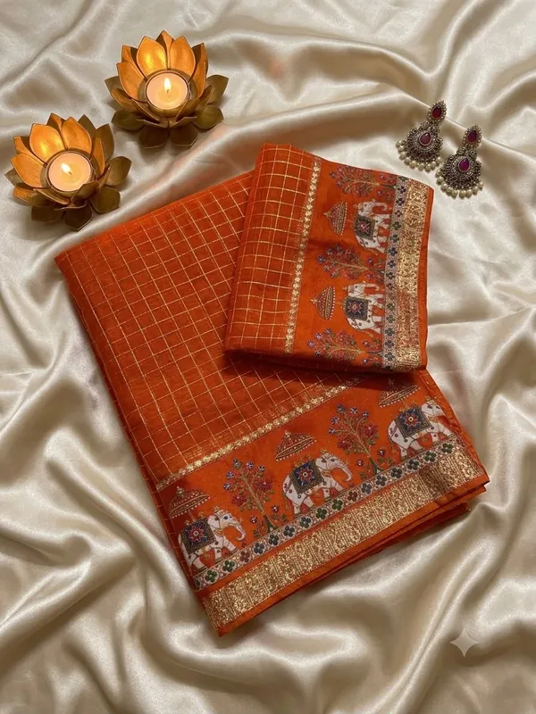 Sm_New_Arrival_Viscose_Georgette_Checkered_Saree_Tangerine_Orange