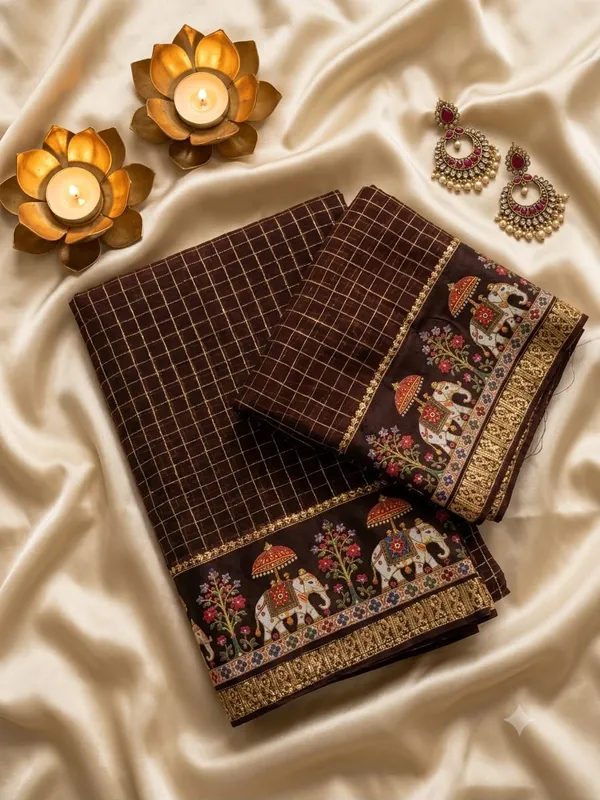 Sm_New_Arrival_Viscose_Georgette_Checkered_Saree_Chocolate_Brown