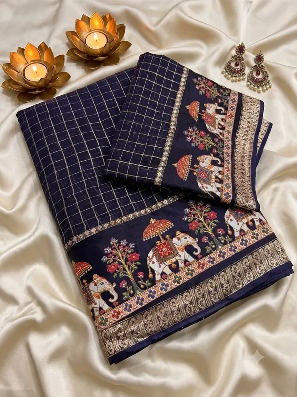 Sm_New_Arrival_Viscose_Georgette_Checkered_Saree_Navy_Blue