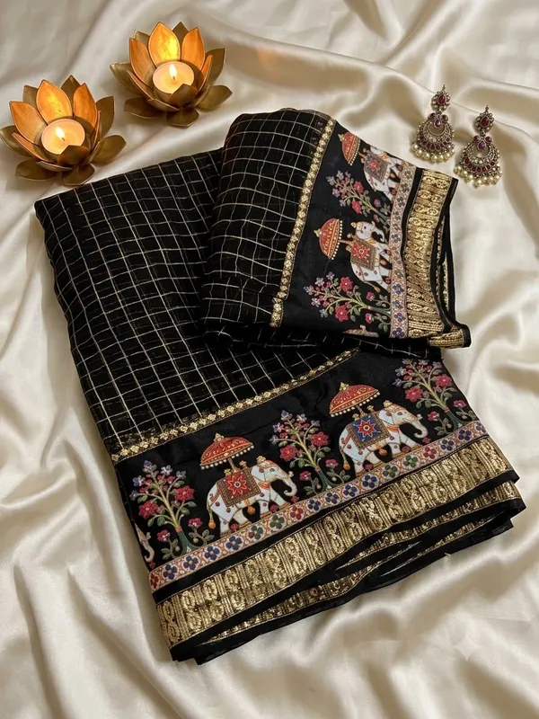 Sm_New_Arrival_Viscose_Georgette_Checkered_Saree_Black