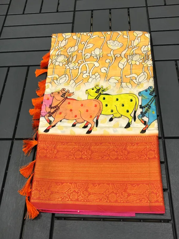 Sm_Soft_Banarasi_Silk_Pichwai_Kalamkari_Digital_Print_Saree_With_All_Over_Zari_Weaving_Orange