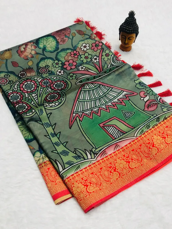 Sm_Soft_Banarasi_Silk_Pichwai_Kalamkari_Digital_Print_Saree_With_All_Over_Zari_Weaving_Pine_Green