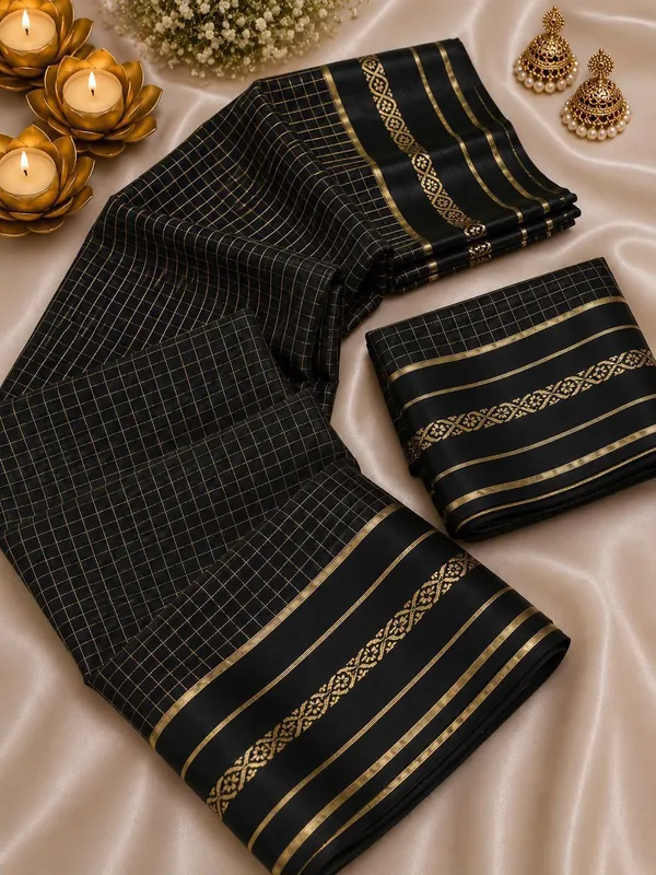 New_Arrival_Viscose_Georgette_Checkered_Saree_With_Glossy_Satin_Border_Black