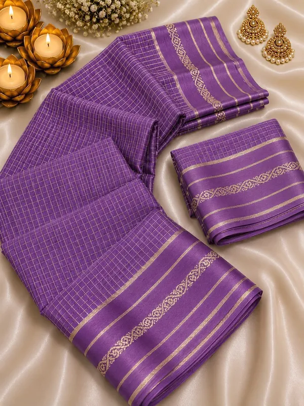 New_Arrival_Viscose_Georgette_Checkered_Saree_With_Glossy_Satin_Border_Purple