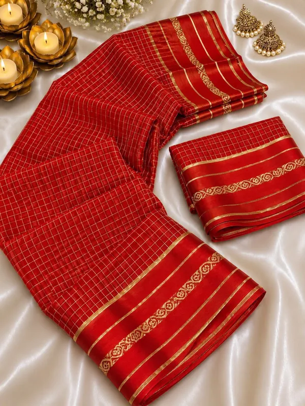 New_Arrival_Viscose_Georgette_Checkered_Saree_With_Glossy_Satin_Border_Scarlet_Red