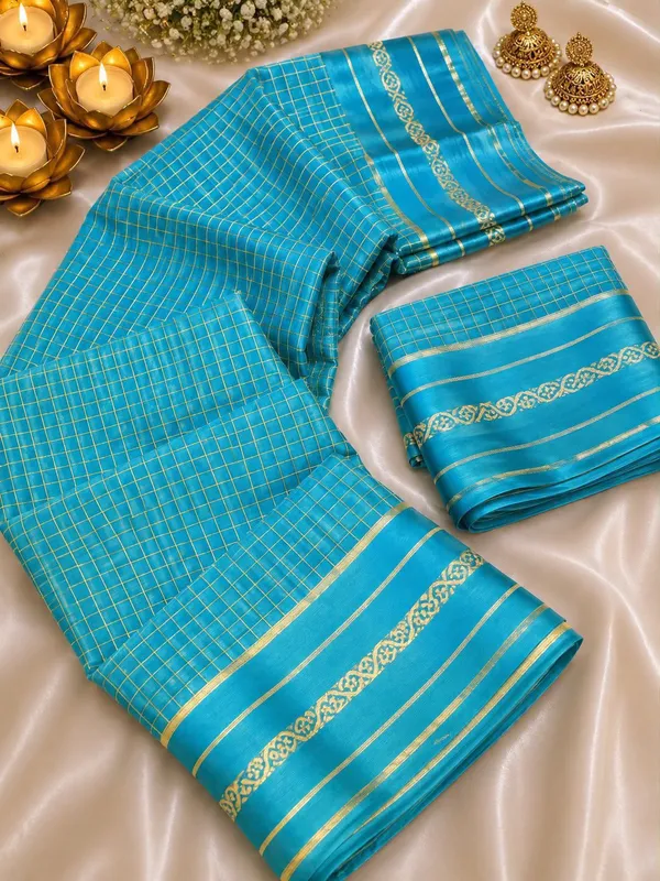 New_Arrival_Viscose_Georgette_Checkered_Saree_With_Glossy_Satin_Border_Aqua_Blue