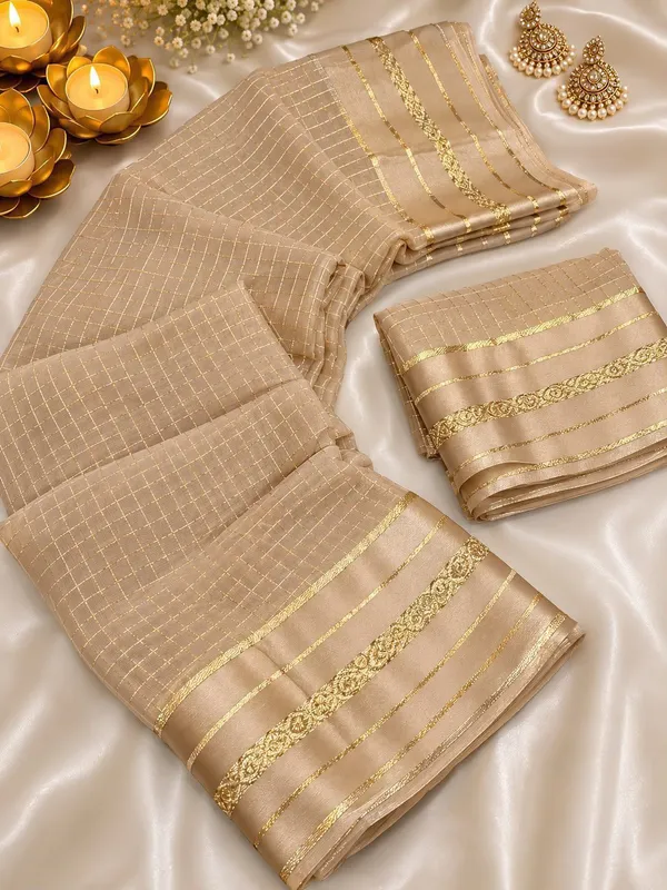 New_Arrival_Viscose_Georgette_Checkered_Saree_With_Glossy_Satin_Border_Cream_Ivory