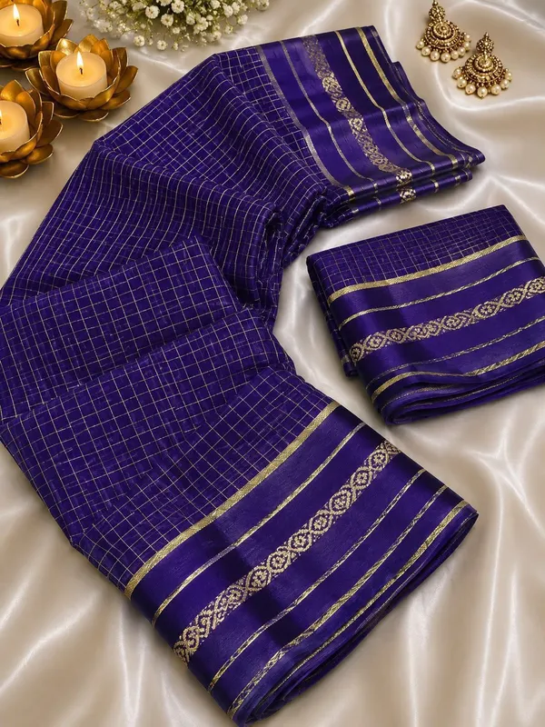 New_Arrival_Viscose_Georgette_Checkered_Saree_With_Glossy_Satin_Border_Royal_Blue