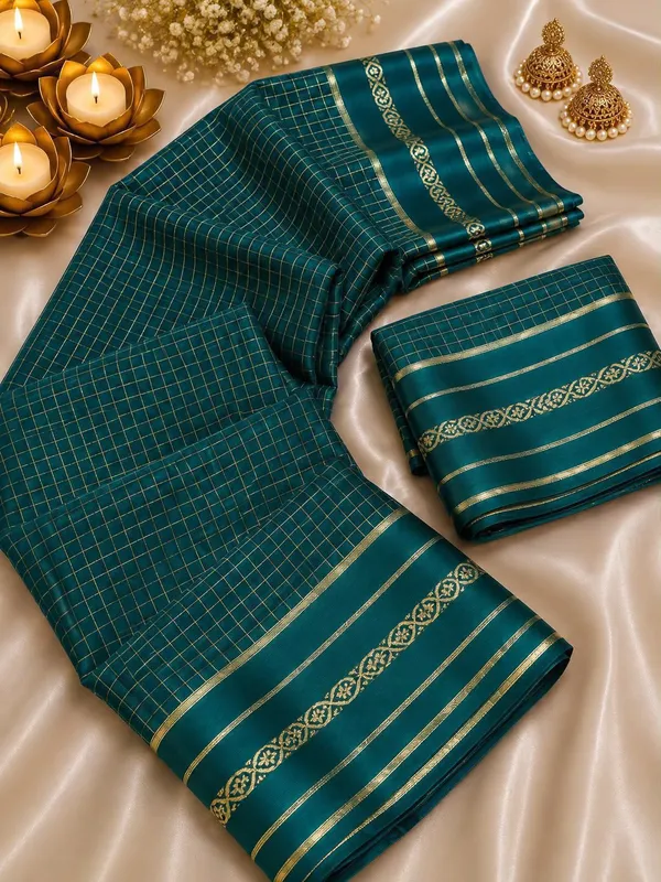 New_Arrival_Viscose_Georgette_Checkered_Saree_With_Glossy_Satin_Border_Teal_Green