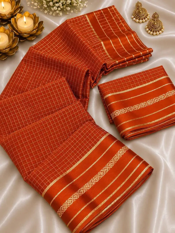 New_Arrival_Viscose_Georgette_Checkered_Saree_With_Glossy_Satin_Border_Tangerine_Orange
