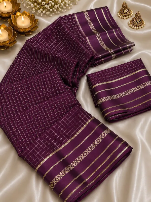 New_Arrival_Viscose_Georgette_Checkered_Saree_With_Glossy_Satin_Border_Wine_Purple