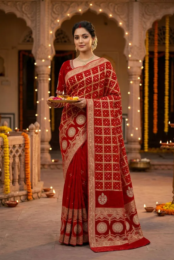 Karwa_Chauth_Special_Dola_Viscose_Saree_With_Meenakari_Checks_And_Jaipuri_Gota_Patti_Pallu_Red