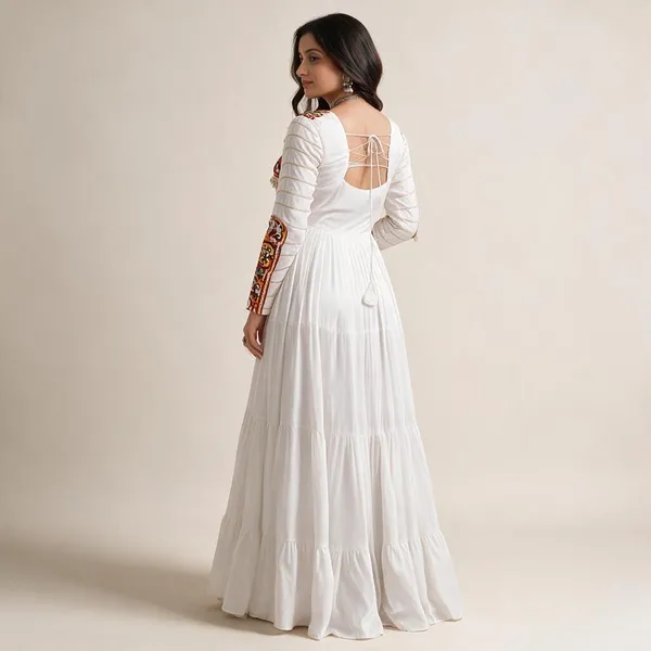 White_Rayon_Mukaish_Gamthi_Embroidery_Flared_Gown_For_Women