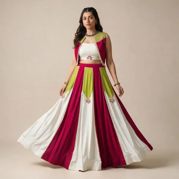 Red_White_Rayon_Contrast_Panel_Gota_Patti_Lehenga_Choli_For_Women