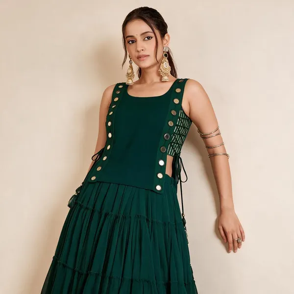 Teal_Flared_Fully_Stitched_Lehenga_Choli_With_Koti_For_Women