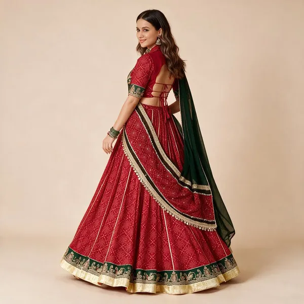 Red_Georgette_Bandhej_Foil_Print_Lehenga_With_Mirror_Lace_Dupatta_For_Women