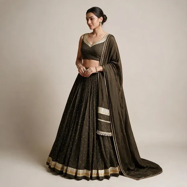 Olive_Green_Pure_Chanderi_Zari_Woven_Lehenga_Choli_With_Dupatta_For_Women