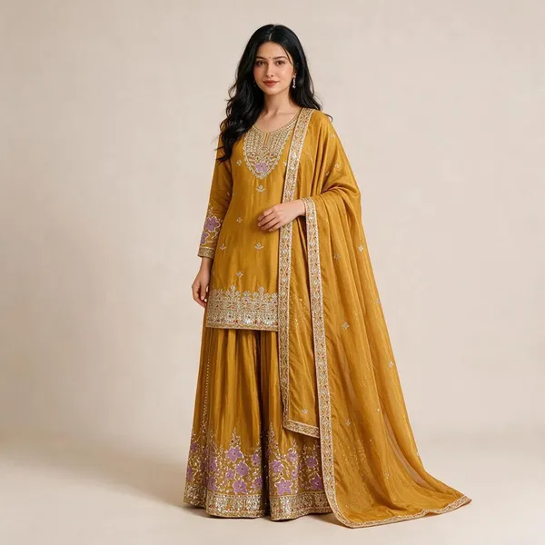 Mustard_Yellow_Chinon_Silk_Embroidered_3_Piece_Sharara_Set_For_Women