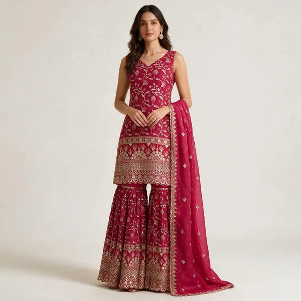 Rani_Pink_Crushed_Silk_Embroidered_Sharara_Suit_Set_For_Women