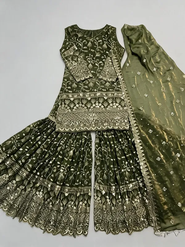 Olive_Green_Crushed_Silk_Sequence_Embroidered_Sharara_Set_For_Women