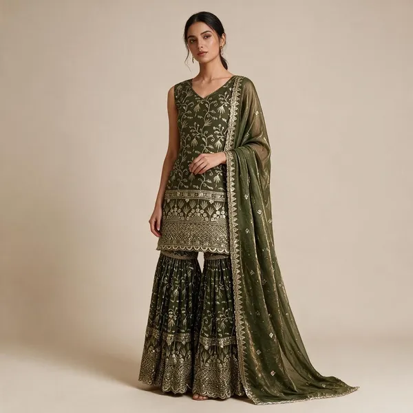 Olive_Green_Crushed_Silk_Sequence_Embroidered_Sharara_Set_For_Women