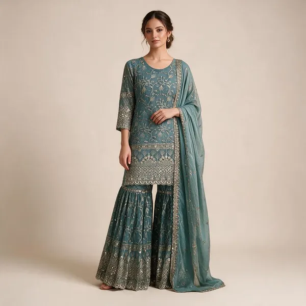 Dusty_Teal_Crushed_Silk_Sequence_Embroidered_Sharara_Set_For_Women