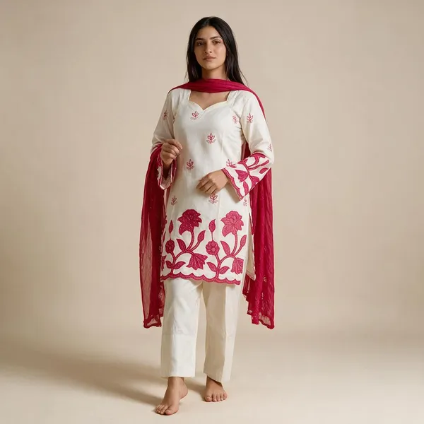 White_Red_Slub_Rayon_Embroidered_Kurti_Farshi_Set_For_Women