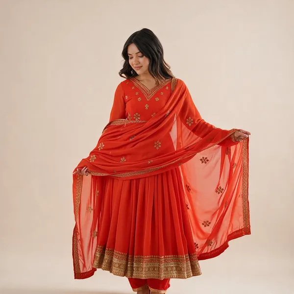 Red_Georgette_Embroidered_Flared_Anarkali_Pant_Set_For_Women