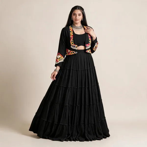 Black_Rayon_Gamthi_Mirror_Work_Jacket_Lehenga_Choli_For_Women
