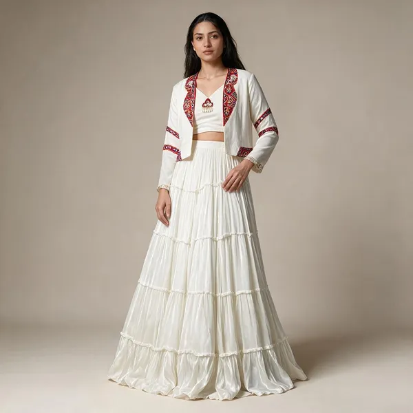 White_Rayon_Gamthi_Mirror_Work_Jacket_Lehenga_Choli_For_Women
