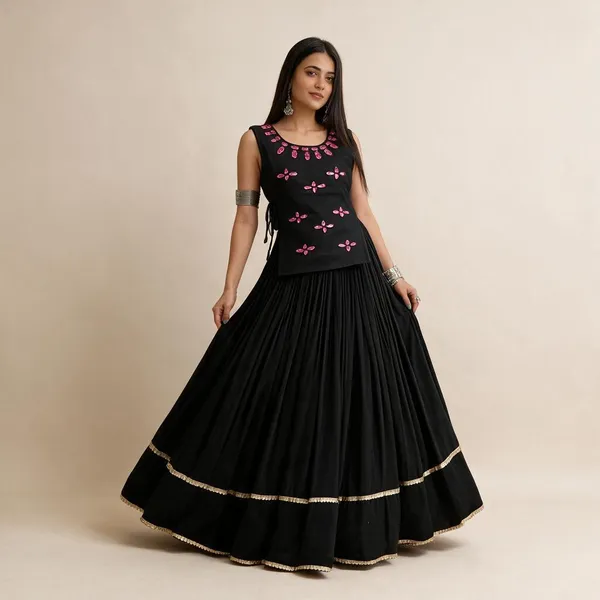 Black_Rayon_Cotton_Mirror_Handwork_Jacket_Lehenga_Choli_For_Women